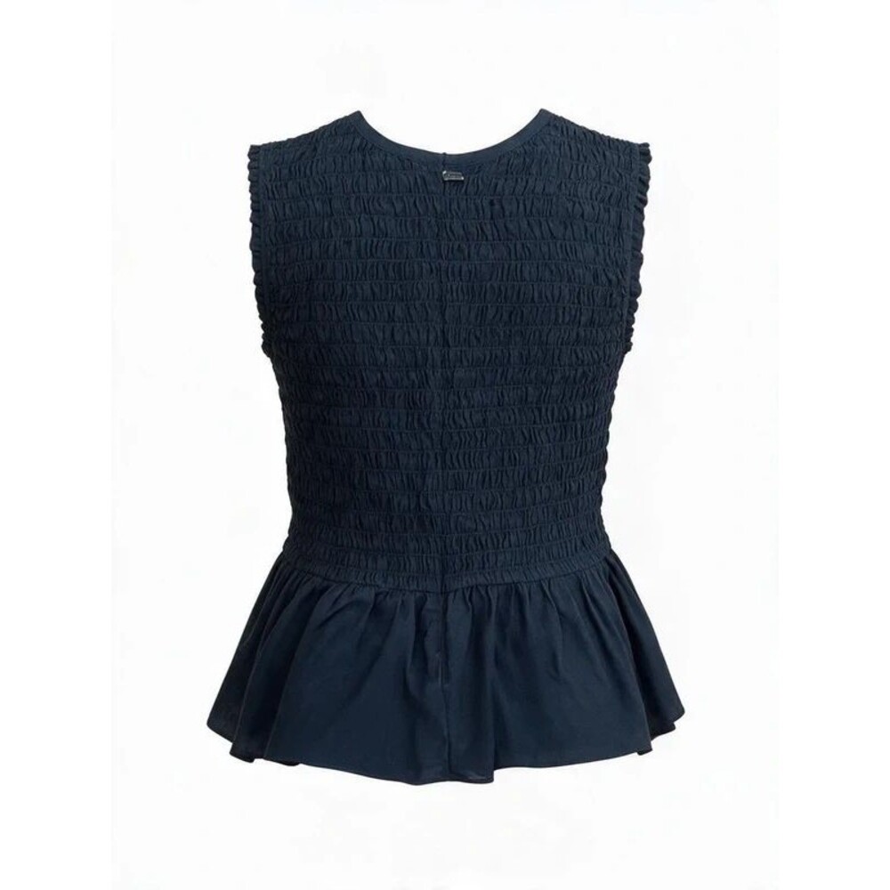 Ann Taylor Navy Blue Smocked Peplum Ruffle Sleeveless Top Womens XL Back Zip
